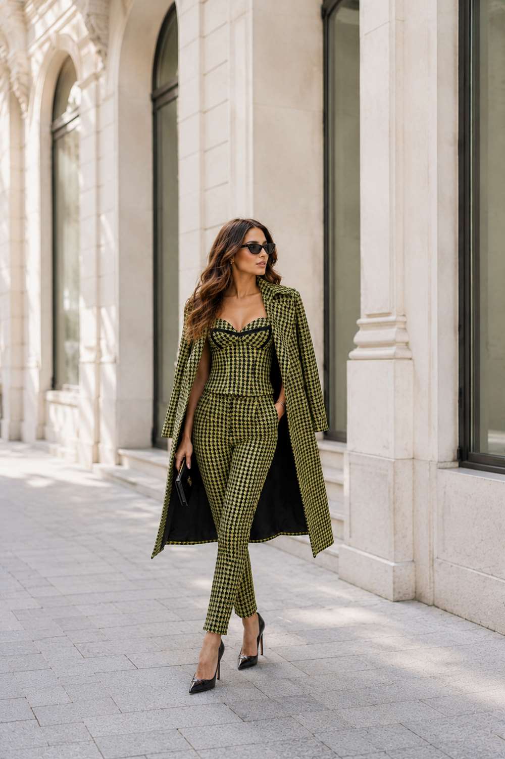 costum verde print Palton Green Print cu nasturi si cordon - imagine 1