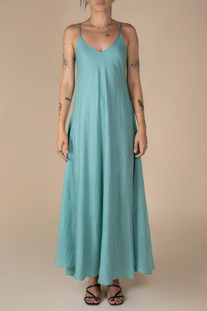 Rochie lunga A line din in Aqua - imagine 4