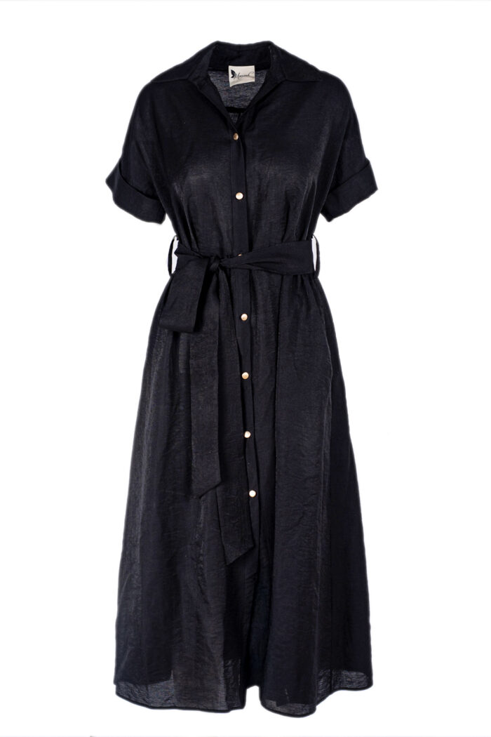 Rochie camasa midi Selene cu buzunare si cordon Black - imagine 3
