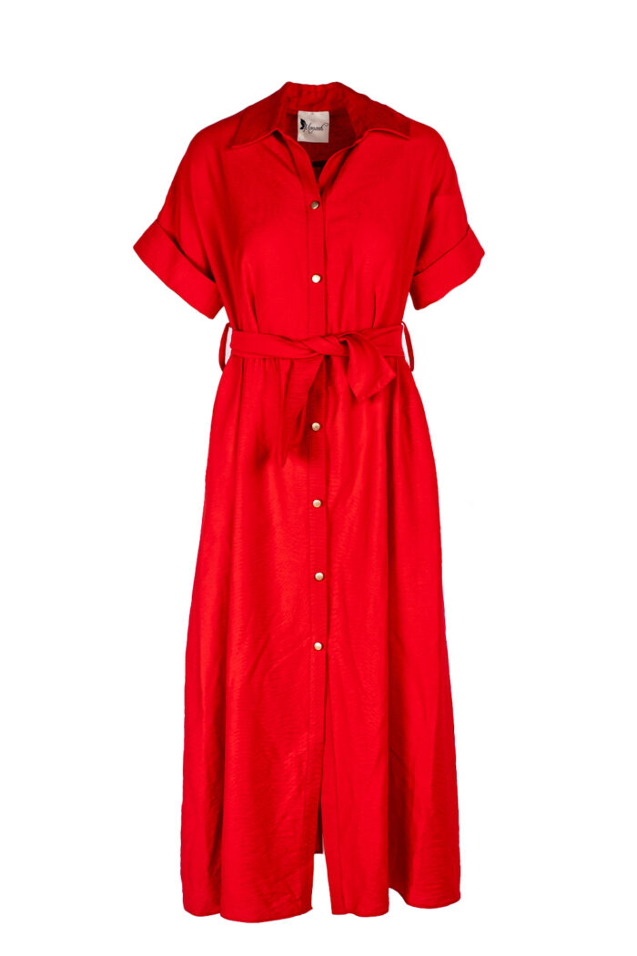 Rochie camasa midi Selene cu buzunare si cordon Red - imagine 3
