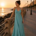 Rochie lunga A line din in Aqua