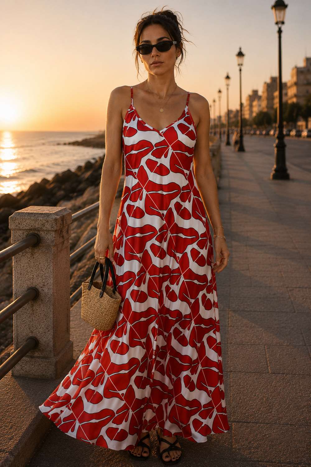 rochie A print rosu Rochie lunga A line - imagine 1