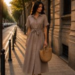 Rochie camasa midi Selene cu buzunare si cordon Dark Beige
