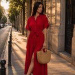 Rochie camasa midi Selene cu buzunare si cordon Red