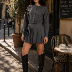 Compleu Dark Grey cu fusta plisata