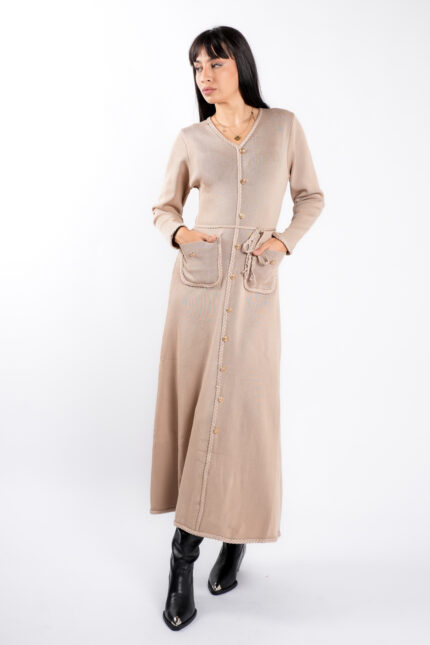 Rochie Beige cu nasturi aurii si cordon impletit - imagine 2