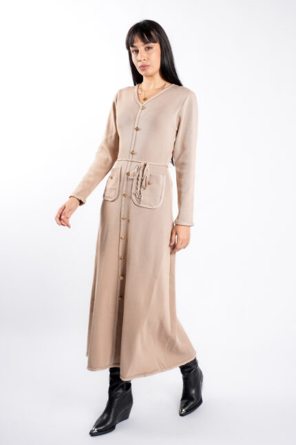 Rochie Beige cu nasturi aurii si cordon impletit