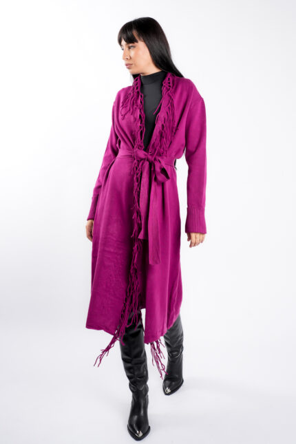 Cardigan Purple din modal cu franjuri si cordon - imagine 3