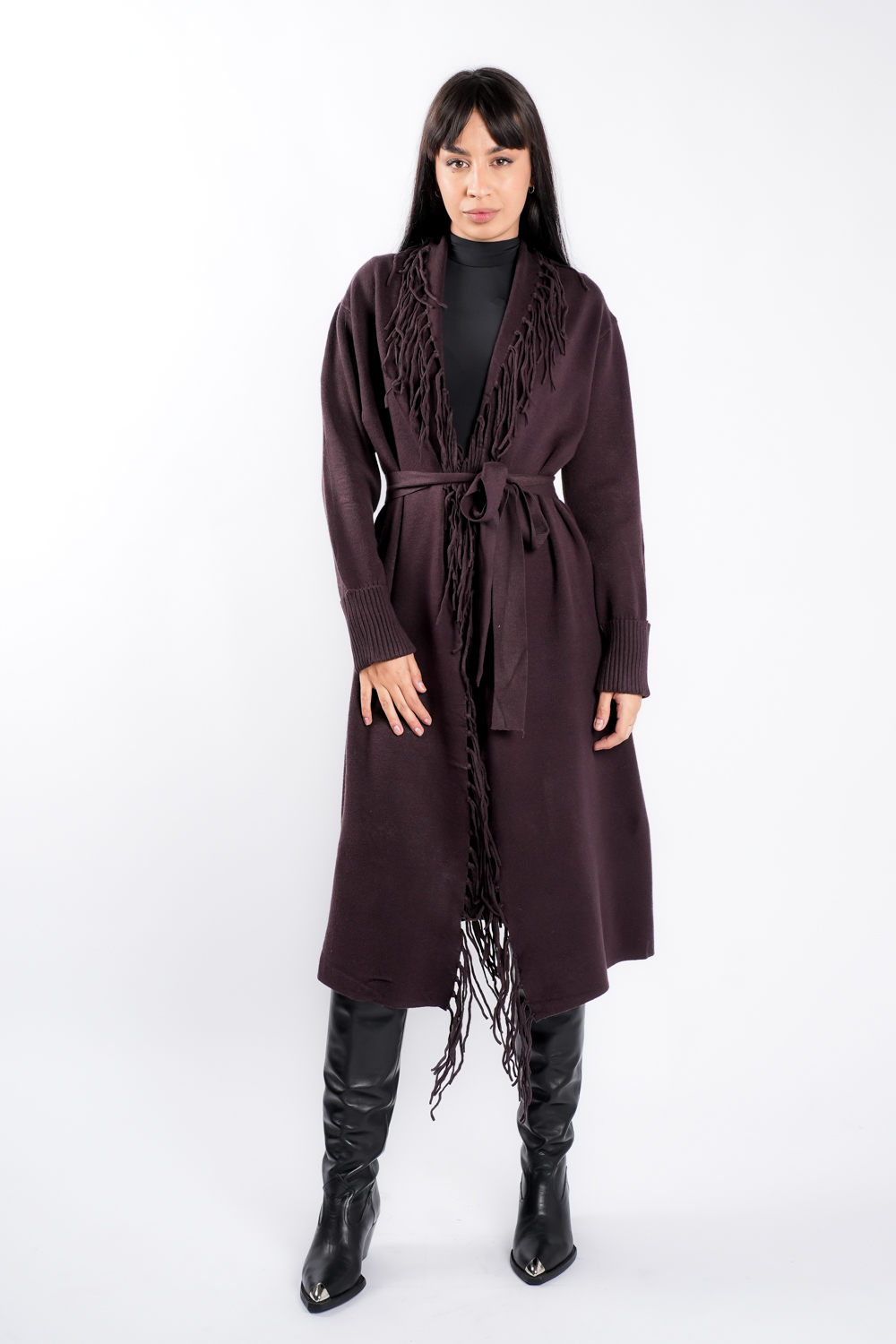 DSC04636 Cardigan Brown din modal cu franjuri si cordon - imagine 1
