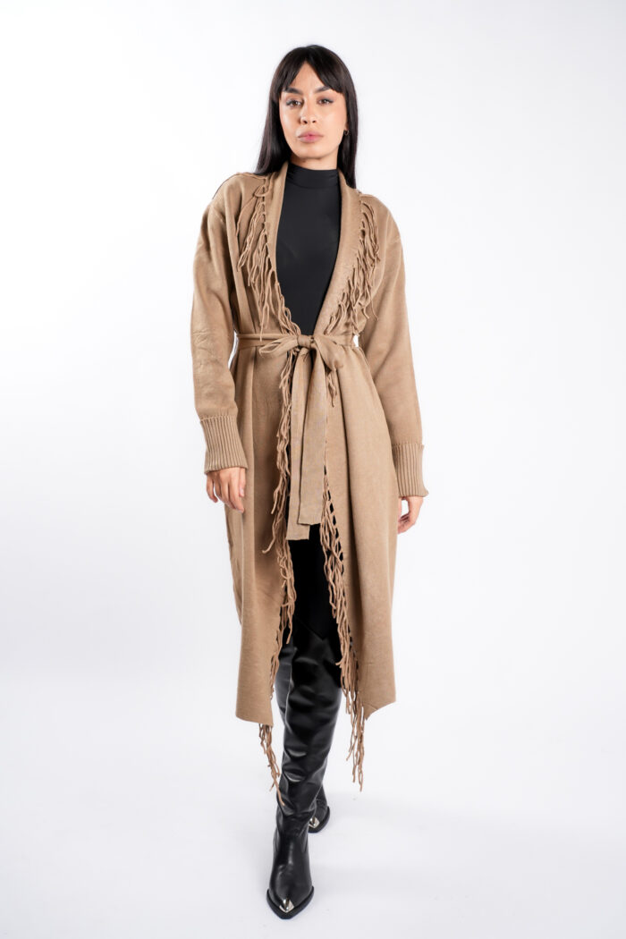 Cardigan Dark Beige din modal cu franjuri si cordon - imagine 4