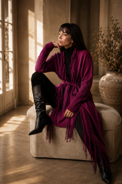 Cardigan Purple din modal cu franjuri si cordon