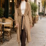 Cardigan Dark Beige din modal cu franjuri si cordon