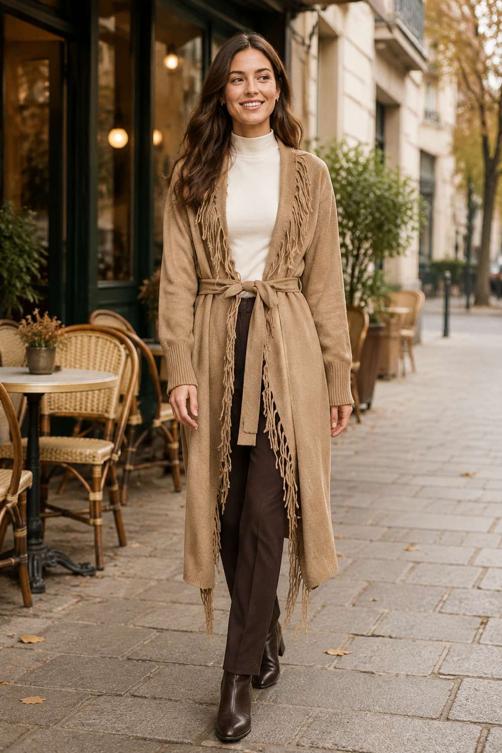 rosse1 (4) Cardigan Dark Beige din modal cu franjuri si cordon - imagine 1