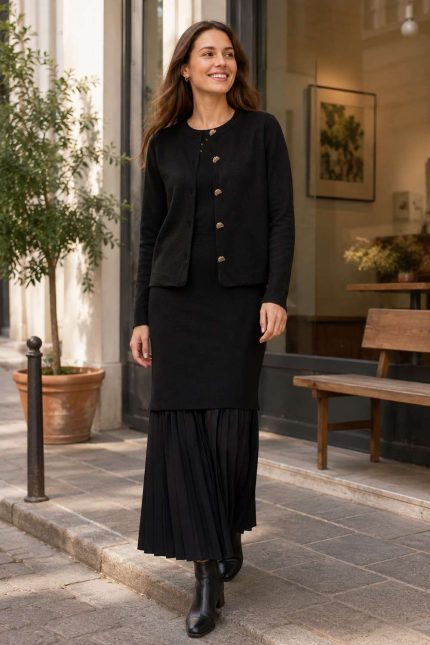 Rochie tricot cu pliseuri si jacheta asortata Black
