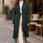Cardigan Green din modal cu franjuri si cordon