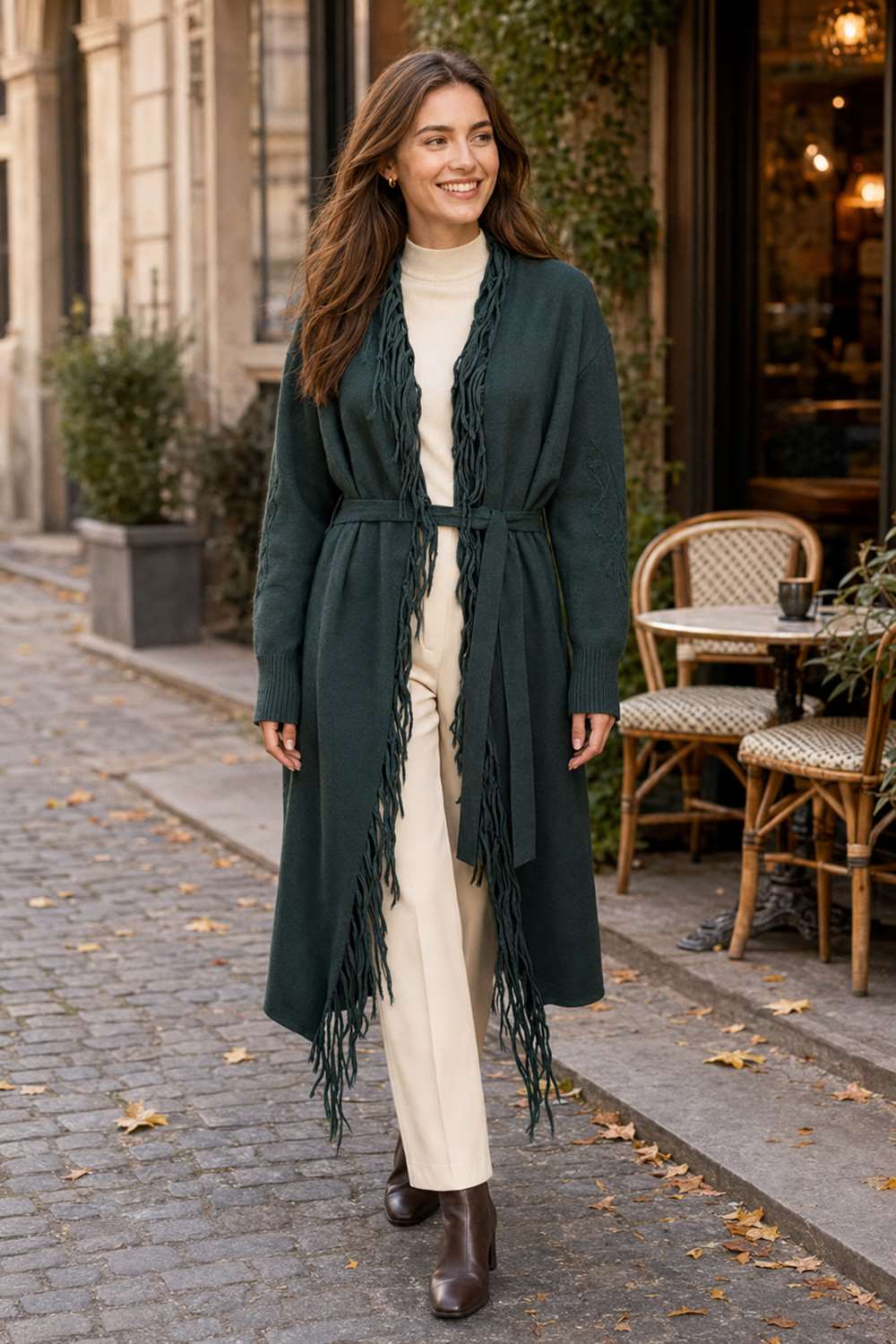 rosse1 (6) Cardigan Green din modal cu franjuri si cordon - imagine 1