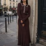 Rochie midi Brown cu guler contrastant