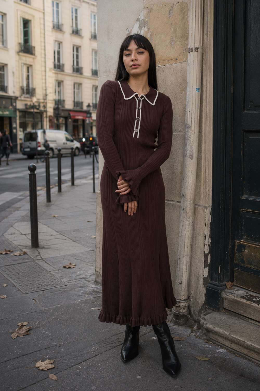 rosse7 Rochie midi Brown cu guler contrastant - imagine 1