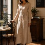 Rochie Beige cu nasturi aurii si cordon impletit