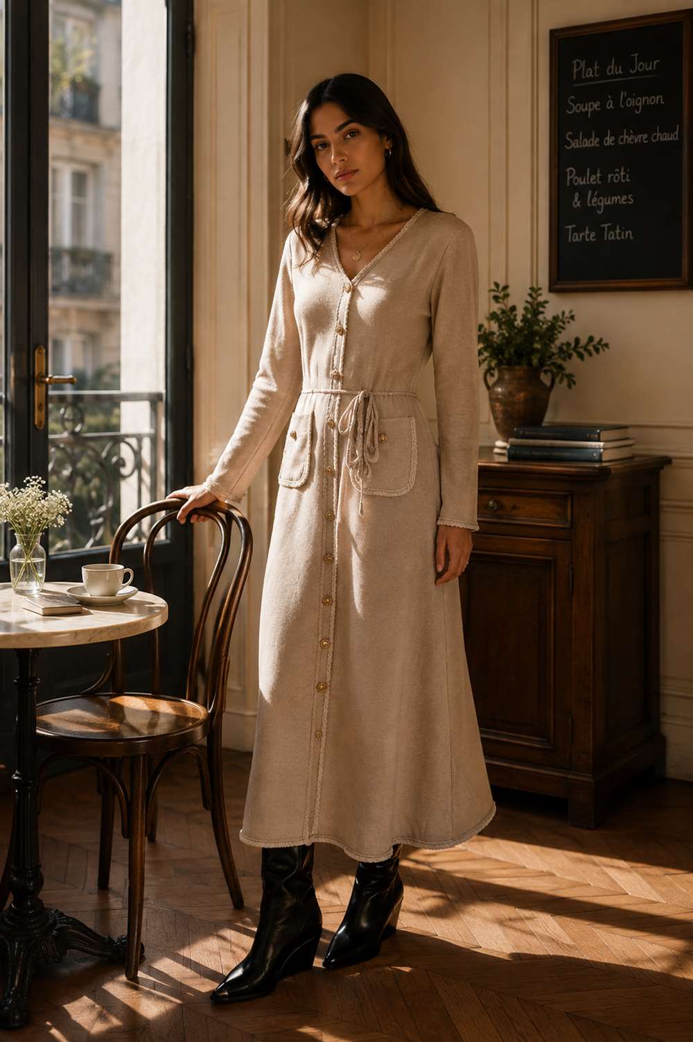 rosse7 (2) Rochie Beige cu nasturi aurii si cordon impletit - imagine 1