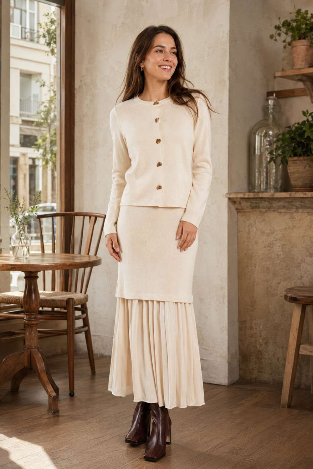 rosse8 (6) Rochie tricot cu pliseuri si jacheta asortata Ivory - imagine 1