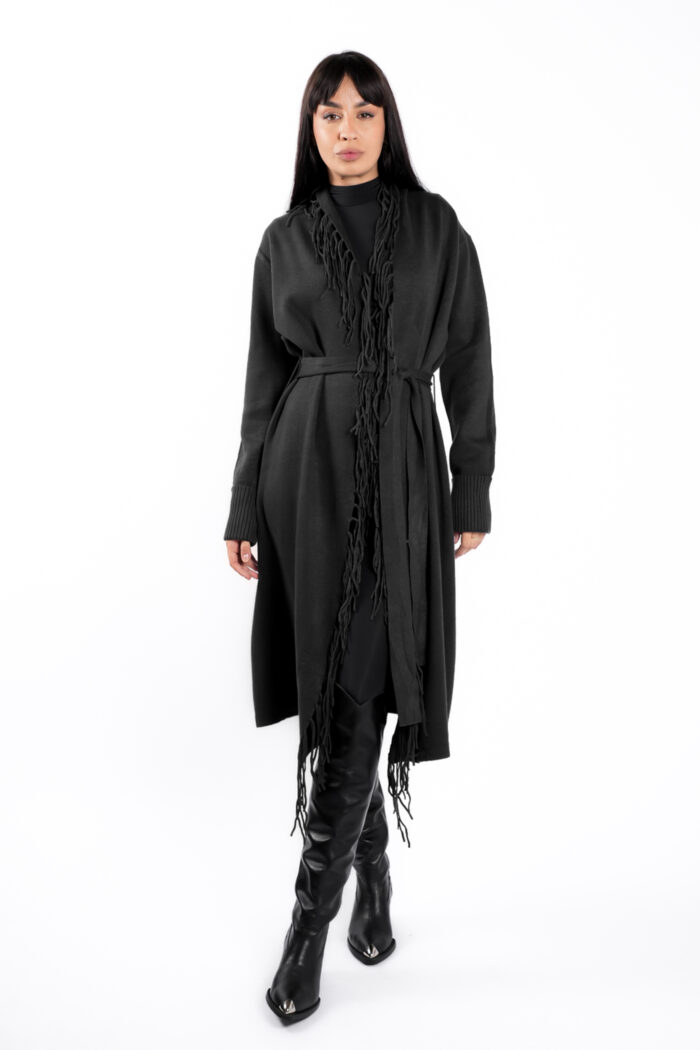 Cardigan Black din modal cu franjuri si cordon - imagine 4