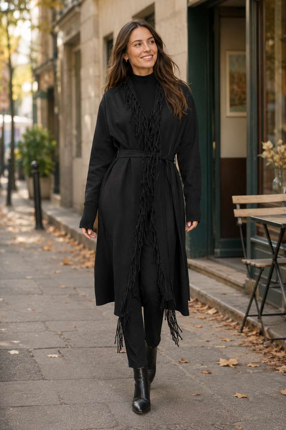 a7361656-cb48-45c2-85d9-793e557e384b Cardigan Black din modal cu franjuri si cordon - imagine 1