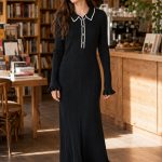 Rochie midi Black cu guler contrastant