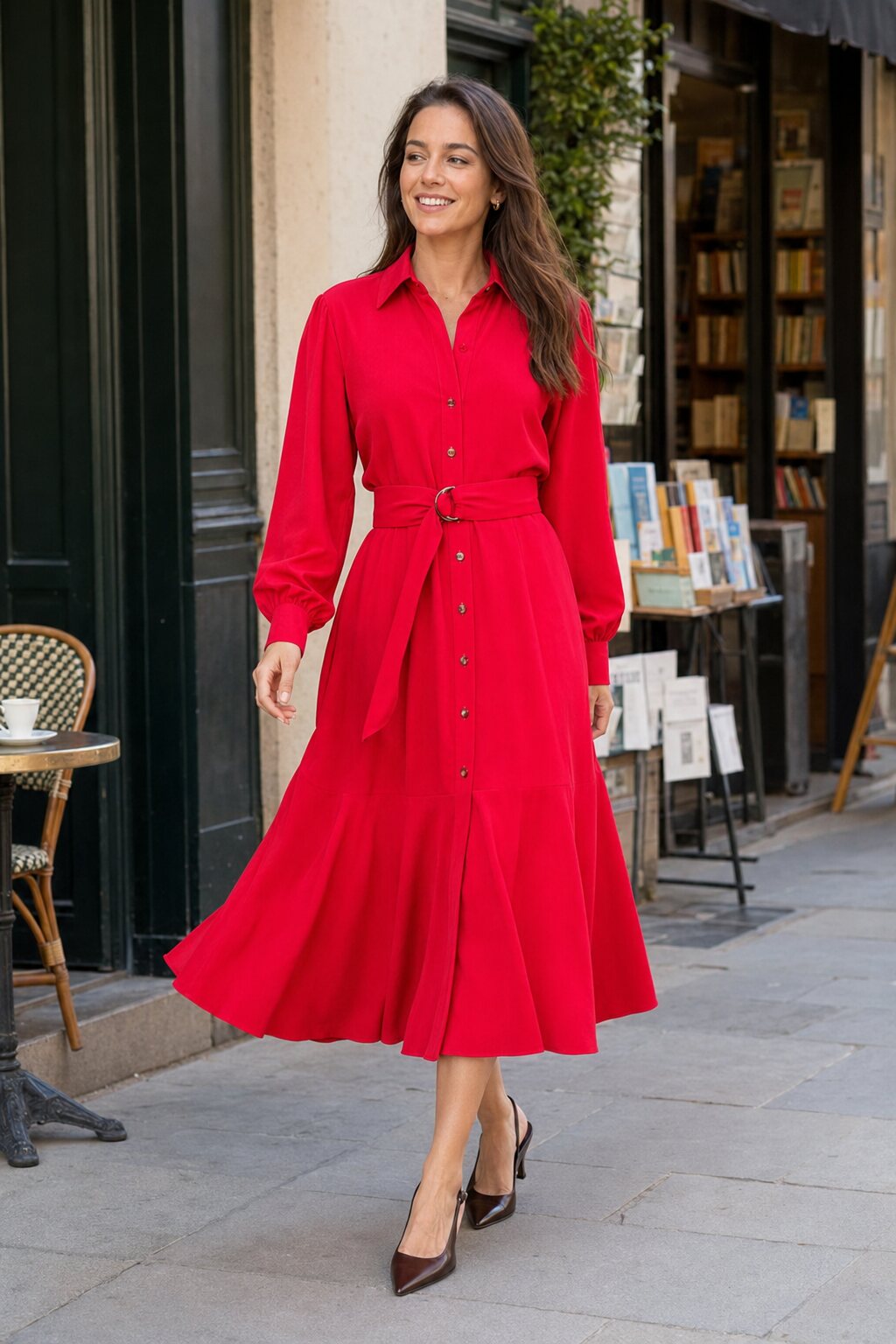 rosse-raspberry-red-shirt-dress Rochie camasa cu cordon si fusta ampla - imagine 1