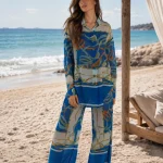 Compleu de plajă albastru, cu cămașă lungă și pantaloni largi
