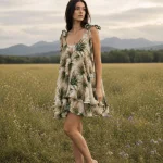 Rochie scurtă cu imprimeu tropical și funde pe umeri