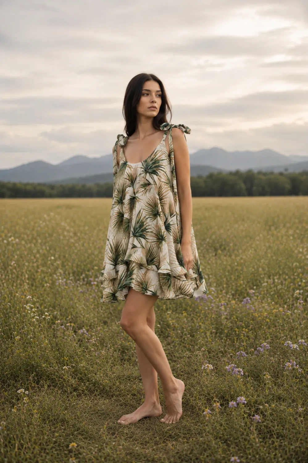 Rochie voal flori Rochie scurtă cu imprimeu tropical și funde pe umeri - imagine 1