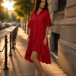 Rochie-cămașă roșie asimetrică, cu volan la tiv