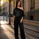 Bluză neagră cu aspect satinat și decolteu larg