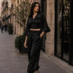 Bluză neagră scurtă, cu efect petrecut și mâneci cu volane