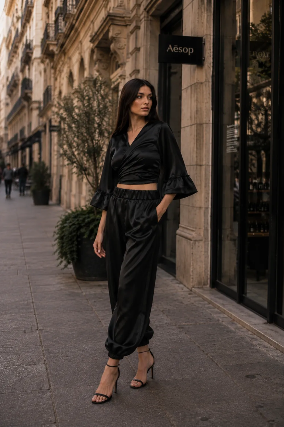bluza petrecuta si pant ballon Bluză neagră scurtă, cu efect petrecut și mâneci cu volane - imagine 1