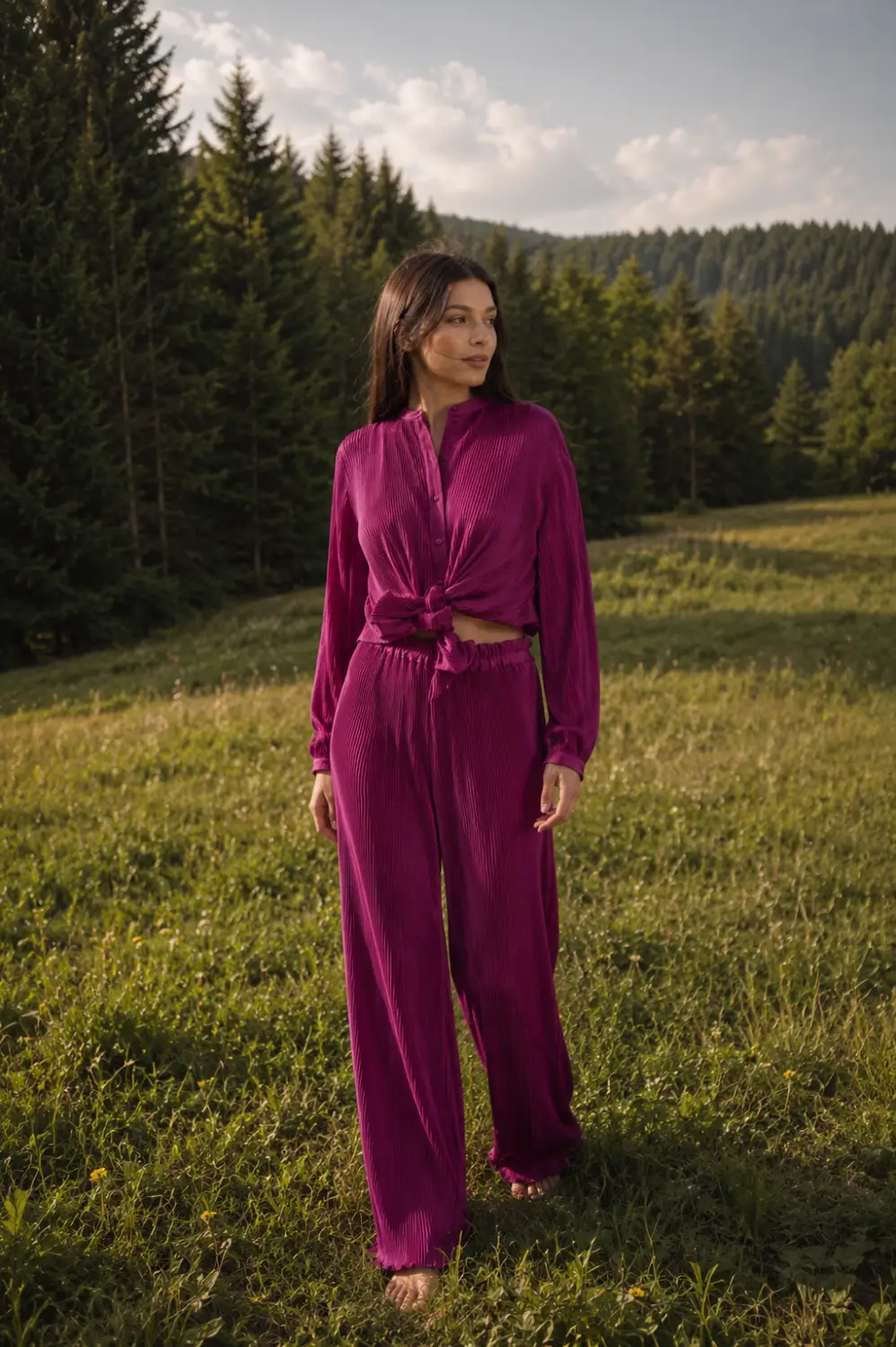 compleu mov Pantaloni magenta plisați, cu croială largă și talie elastică - imagine 1