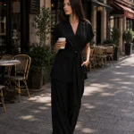 Costum negru cu sacou cu mâneci scurte și pantaloni largi