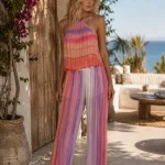 Top plisat multicolor, cu bretele subțiri și decolteu halter