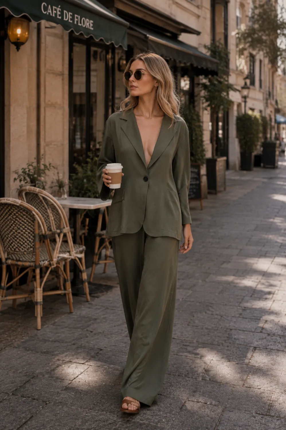 costum verde Pantaloni lungi verde măsliniu, cu croială largă - imagine 1