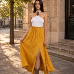 Fustă lungă galben-muștar, cu deschidere frontală