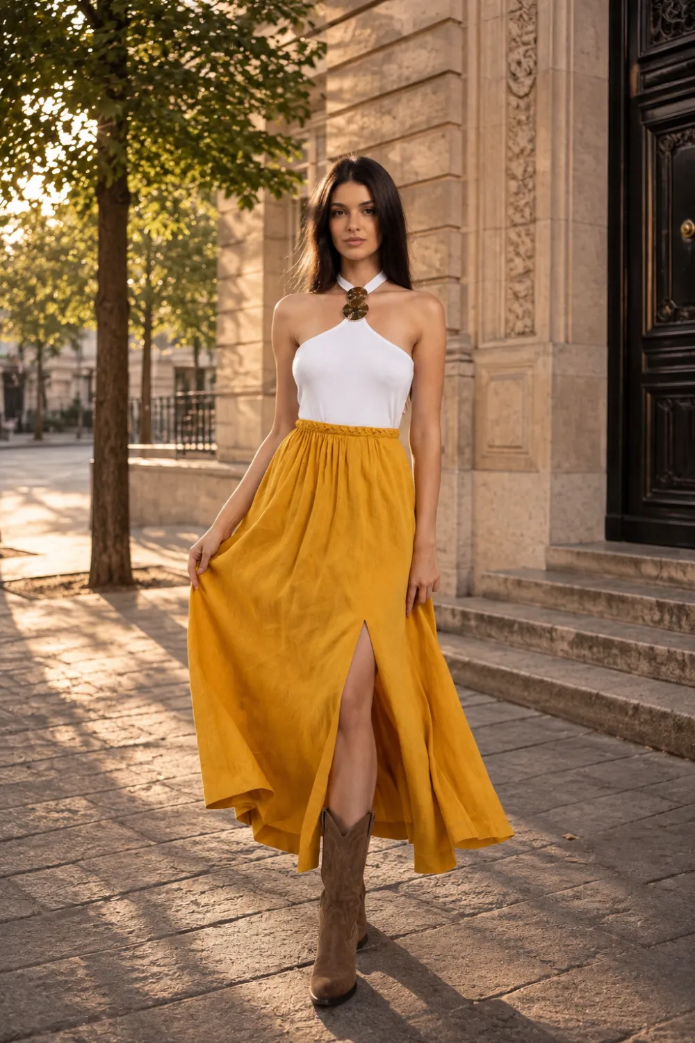 fusta in Fustă lungă galben-muștar, cu deschidere frontală - imagine 1