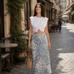 Fustă lungă plisată, cu imprimeu floral bleu și crem