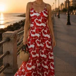 Rochie maxi albă cu imprimeu vegetal roșu