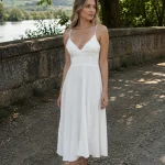 Rochie Lurisia midi albă, cu bretele fine și bust drapat