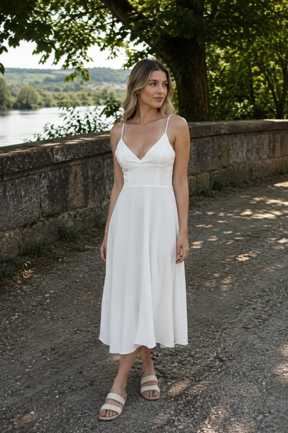 lurisia scurta Rochie Lurisia midi albă, cu bretele fine și bust drapat - imagine 1