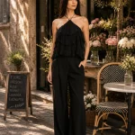 Top negru halter, cu volane plisate suprapuse