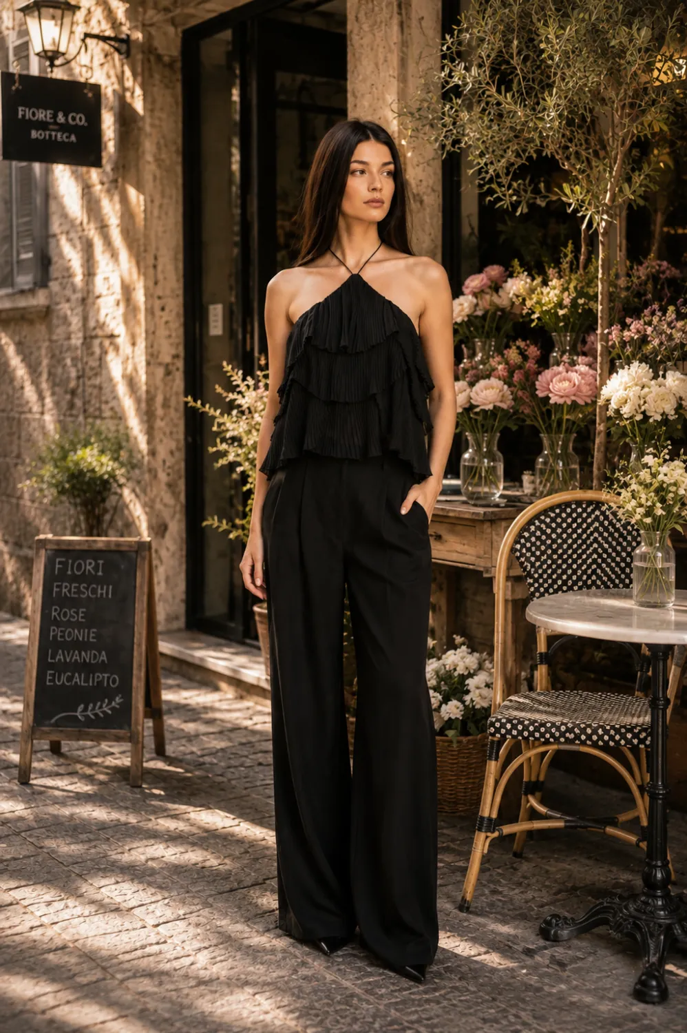 maieu fronseuri Top negru halter, cu volane plisate suprapuse - imagine 1