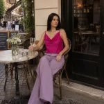 Pantaloni lila lungi, cu croială largă