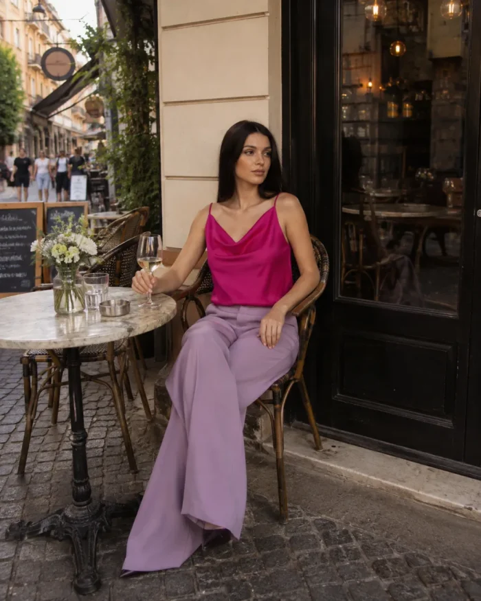 Top fucsia cu decolteu drapat și bretele fine - imagine 2